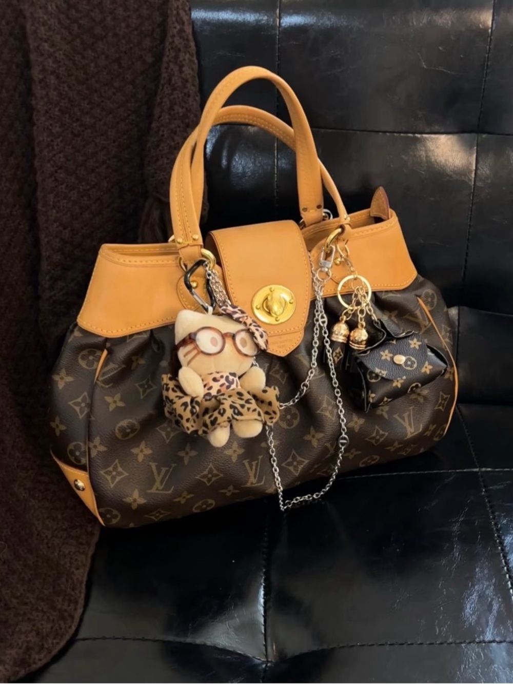Louis Vuitton Brown Monogram Satchel with Tan Leather Trim and Gold Hardware
